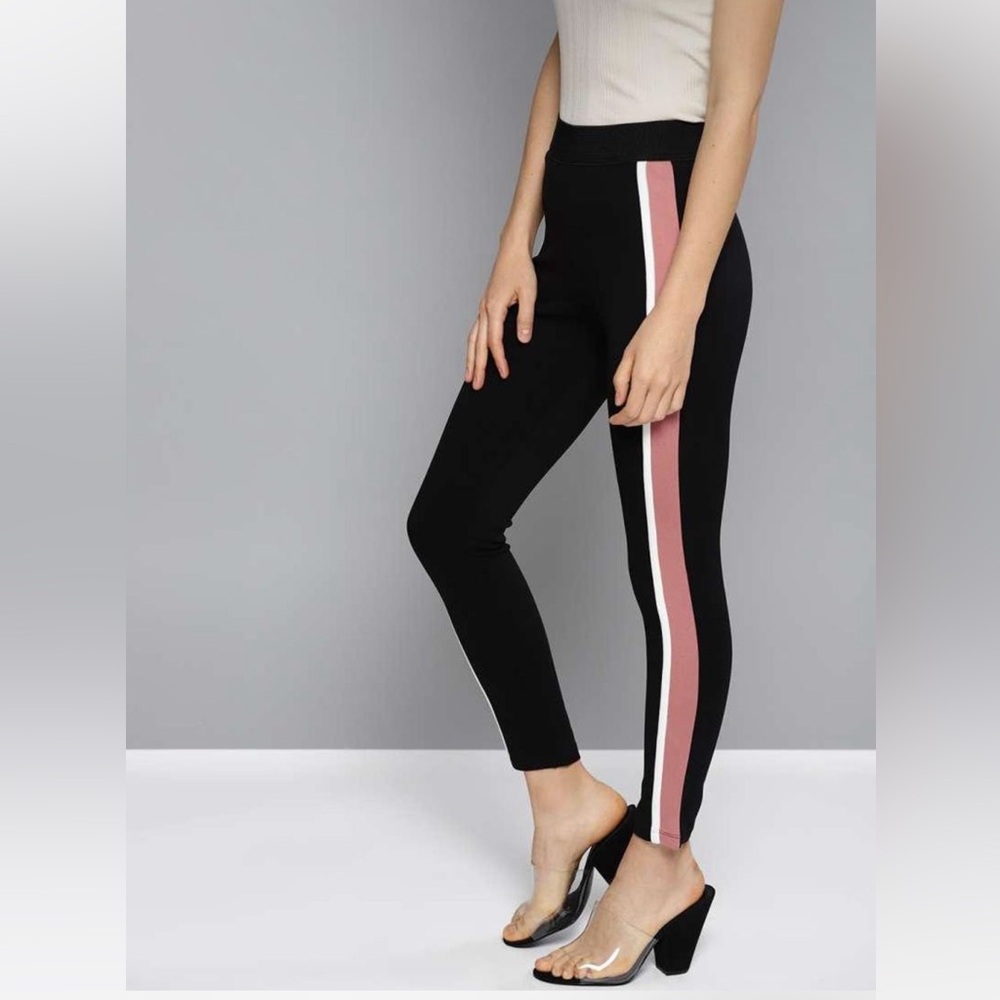 Zara Black Leggings with Pink and White Stripes